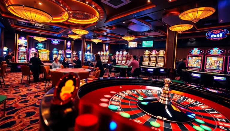 Experience the excitement at MM88's vibrant casino atmosphere with gaming tables and slot machines.