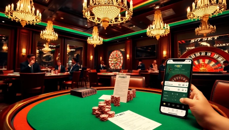 Engage in thrilling gameplay at F8BET with a vibrant casino scene showcasing poker tables and chips.