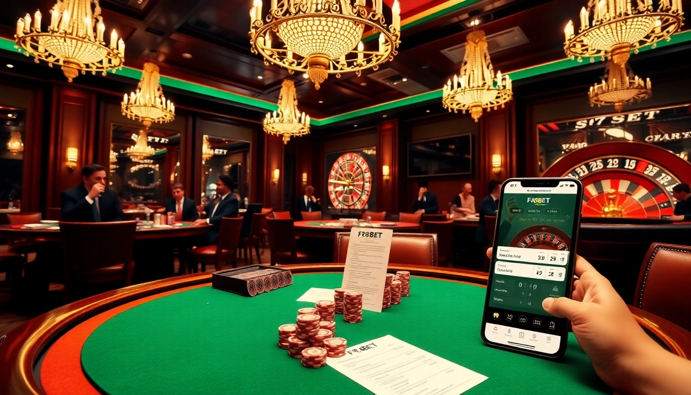 Engage in thrilling gameplay at F8BET with a vibrant casino scene showcasing poker tables and chips.