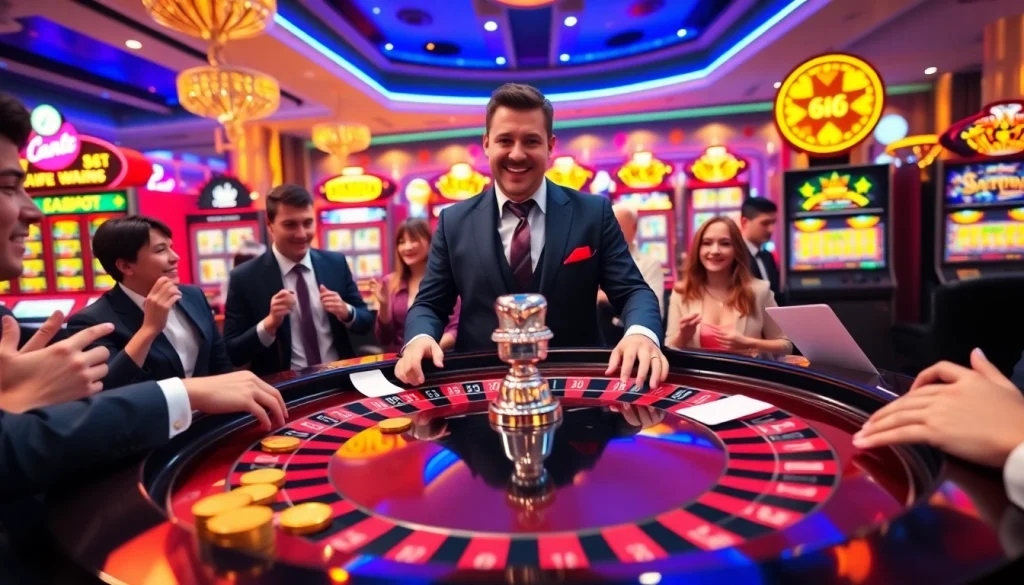 Engaging casino experience at https://667bett.com.br with excited players at a roulette table.