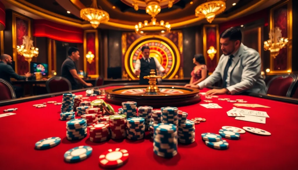 Tổng quan kkwin in a luxurious casino with poker chips and a spinning roulette wheel.