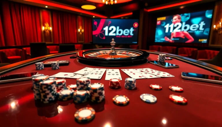 Engage in thrilling gaming with ink vao 12bet, showcasing a vibrant casino atmosphere filled with cards and poker chips.