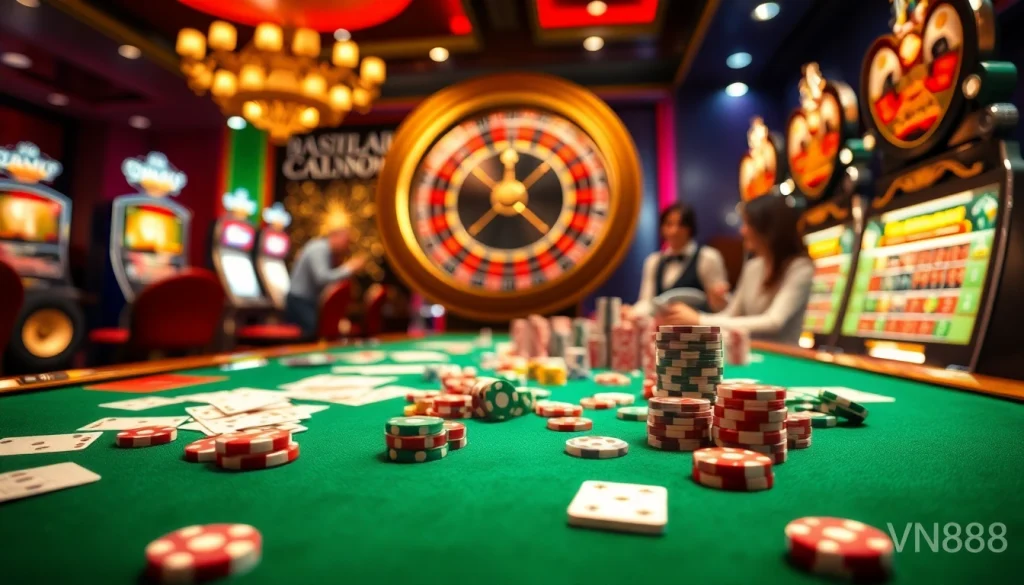 Experience the excitement of gambling at VN88 with a vibrant casino scene filled with poker chips and a roulette wheel.