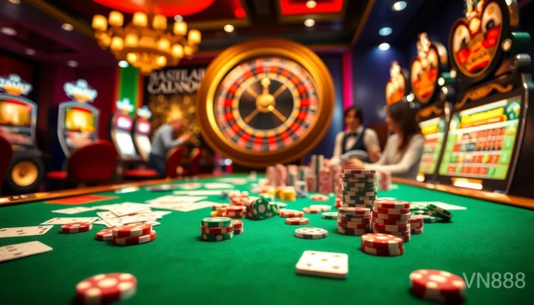 Experience the excitement of gambling at VN88 with a vibrant casino scene filled with poker chips and a roulette wheel.
