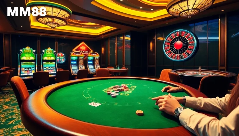 Excited players engaging in a high-stakes game at MM88 casino with vibrant slot machines.