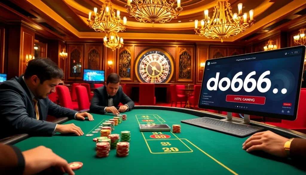 Engaging players in a vibrant poker scene at https://do666.at, showcasing chips and a roulette wheel.