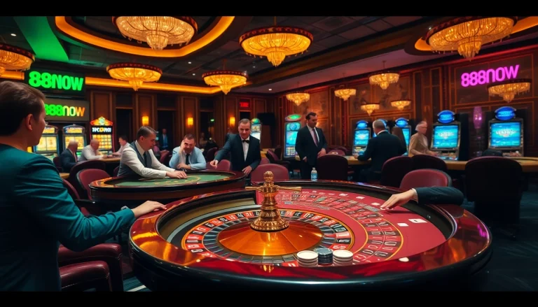 Experience the thrilling ambiance of gambling at 888NOW with vibrant gaming tables and passionate players.