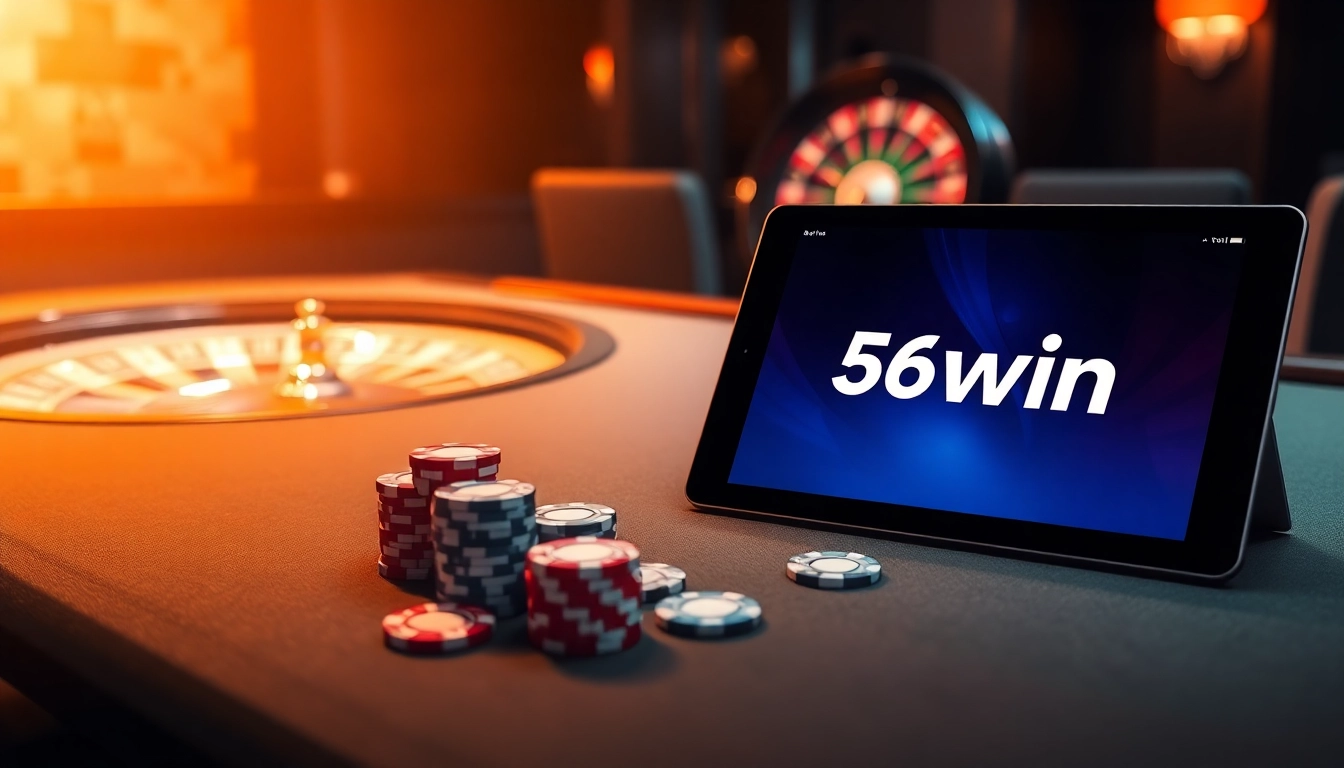 Experience the thrill of 56win đăng nhập at an elegant casino scene with poker chips and cards.