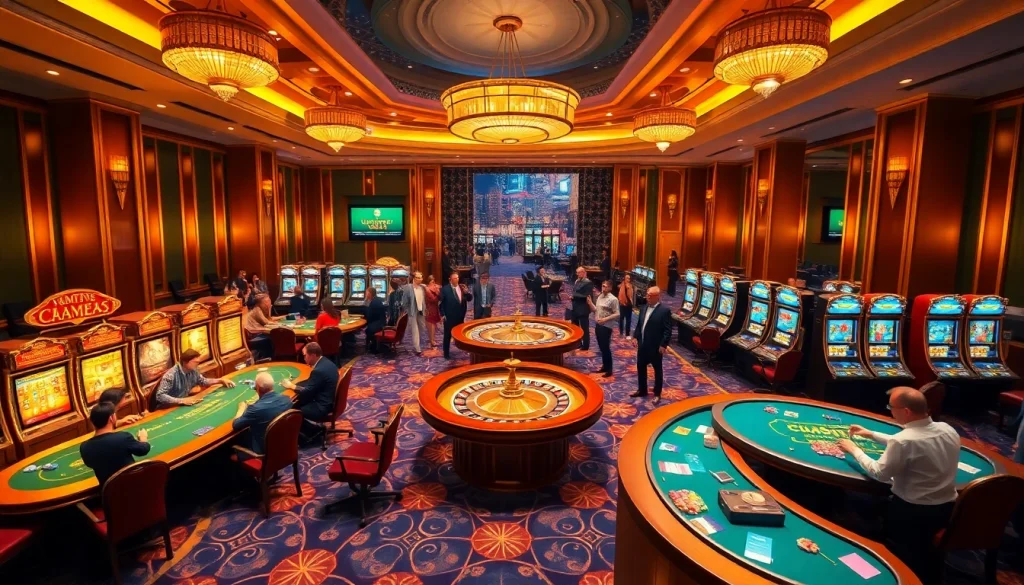 MM88 casino scene with players enjoying poker and slot machines in a vibrant setting.