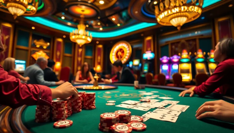 Exciting poker gameplay at a luxurious casino featuring BET29 branded chips and decor.