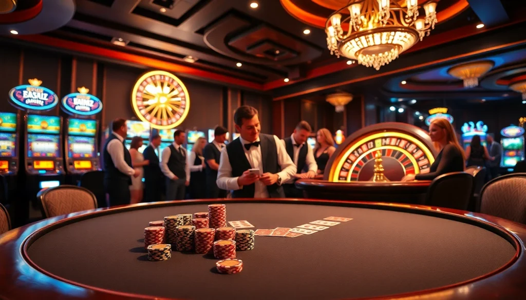 f8bet players enjoying an exhilarating game at a luxury casino table with cards and chips.