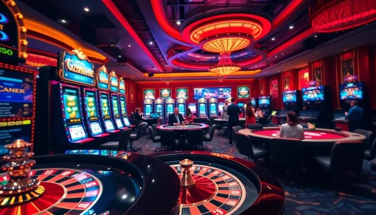 An engaging gambling scene featuring vibrant gaming tables and elements from https://hay88.page/ that evoke excitement and professionalism.