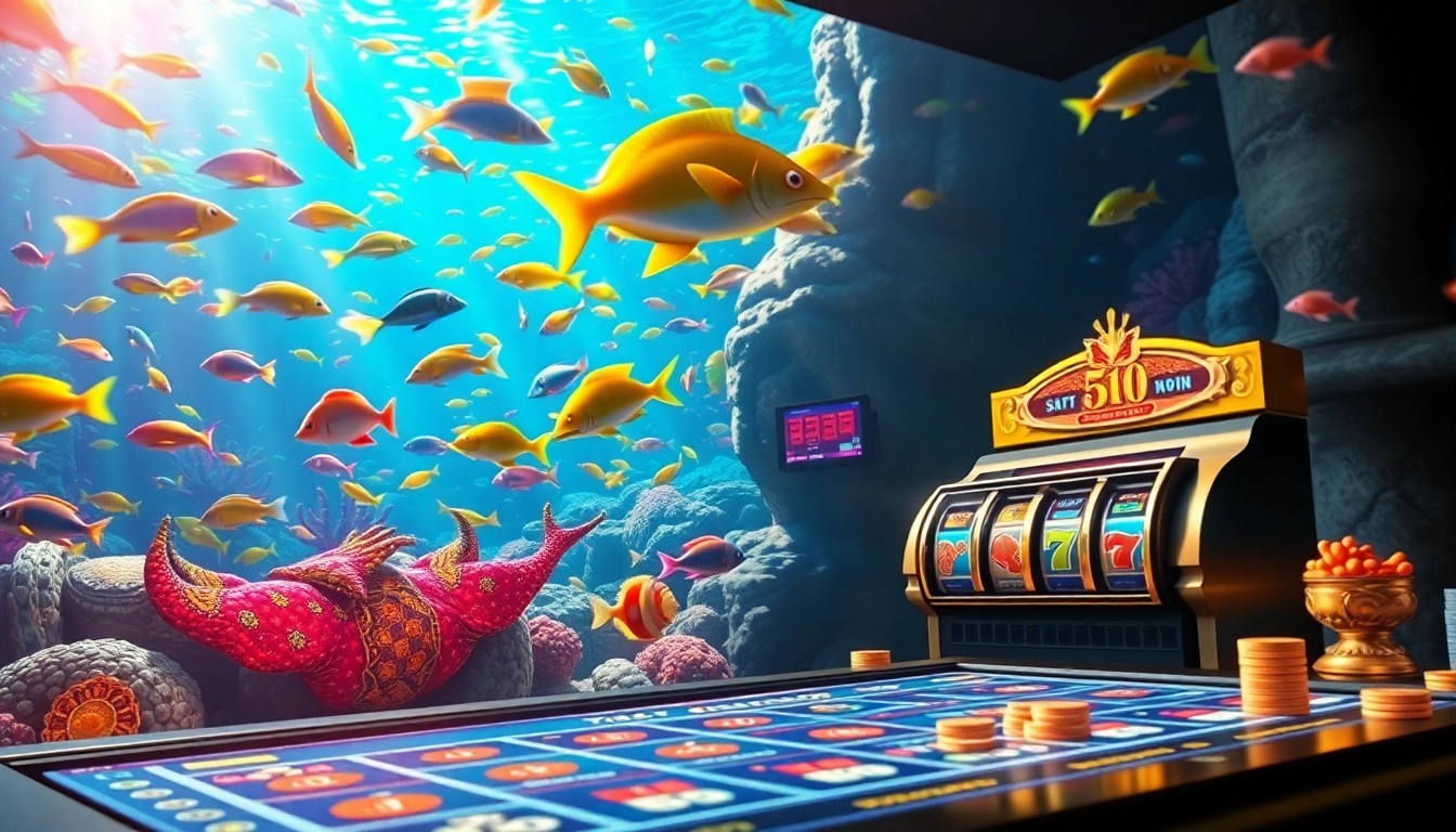 Engaging scene of bắn cá đổi thưởng game showcasing vibrant underwater action with casino elements.