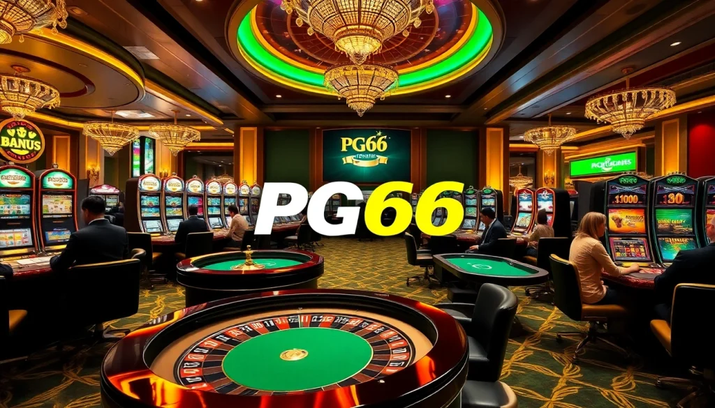 Experience thrilling gaming at PG66 with active players, vibrant slot machines, and elegant roulette tables.