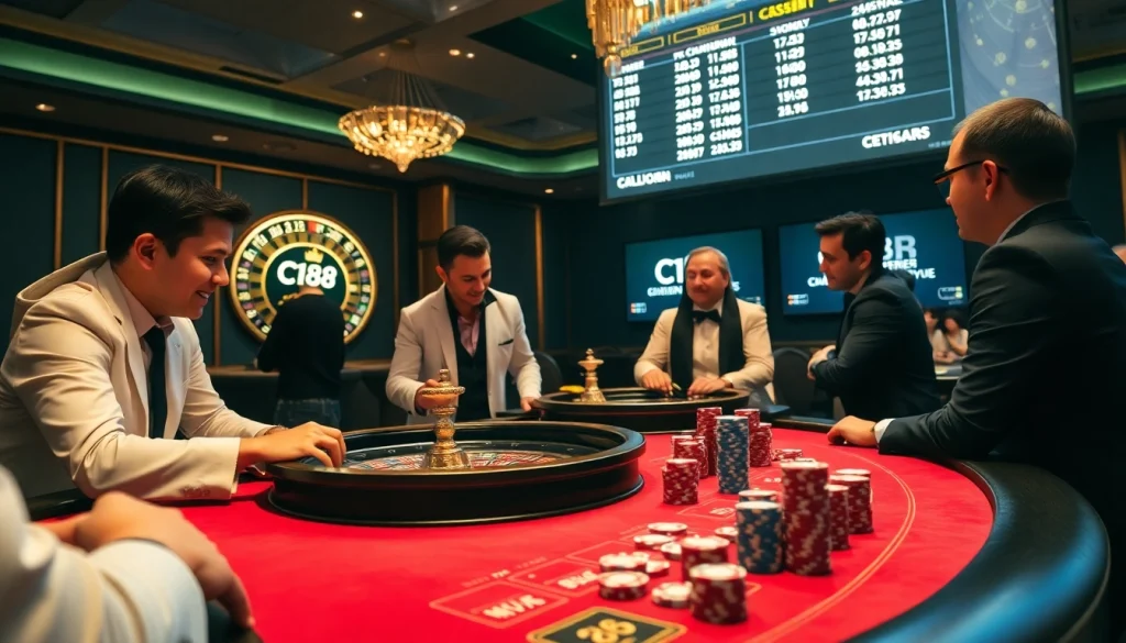 Players enjoying poker at the C168 casino, showcasing excitement and luxury in a vibrant gaming atmosphere.