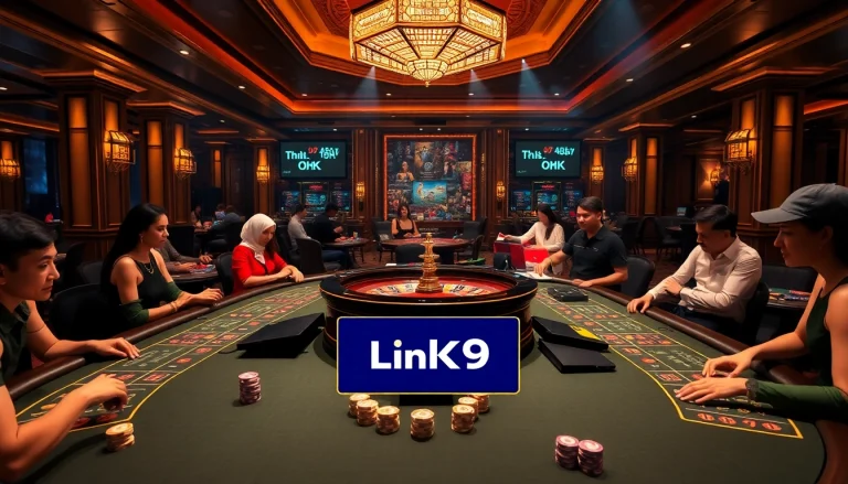 Engaging scene at Link OK9 casino with players enjoying games at blackjack tables and roulette wheels.