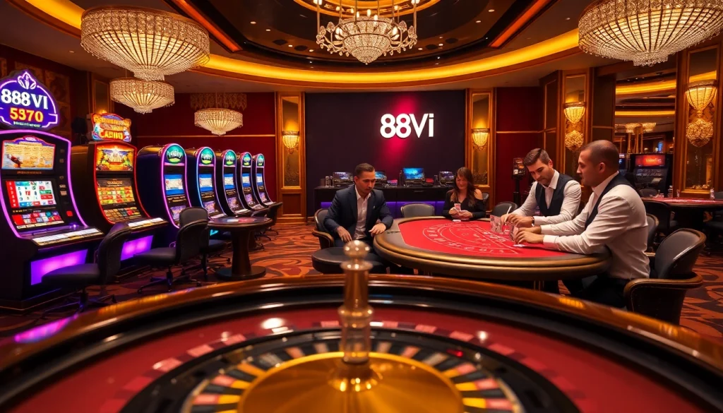 Players engaged in a thrilling poker game at 888VI casino with vibrant slot machines.