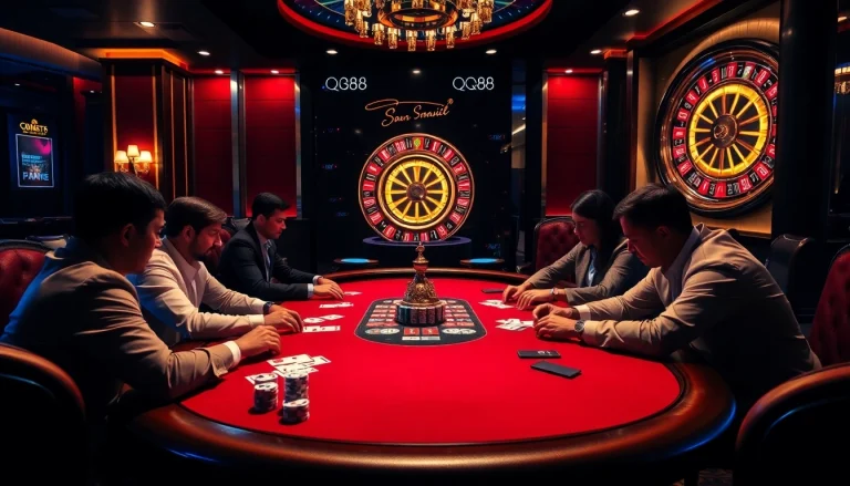 Players enjoying high-stakes poker at QQ88 casino, immersed in a thrilling atmosphere.