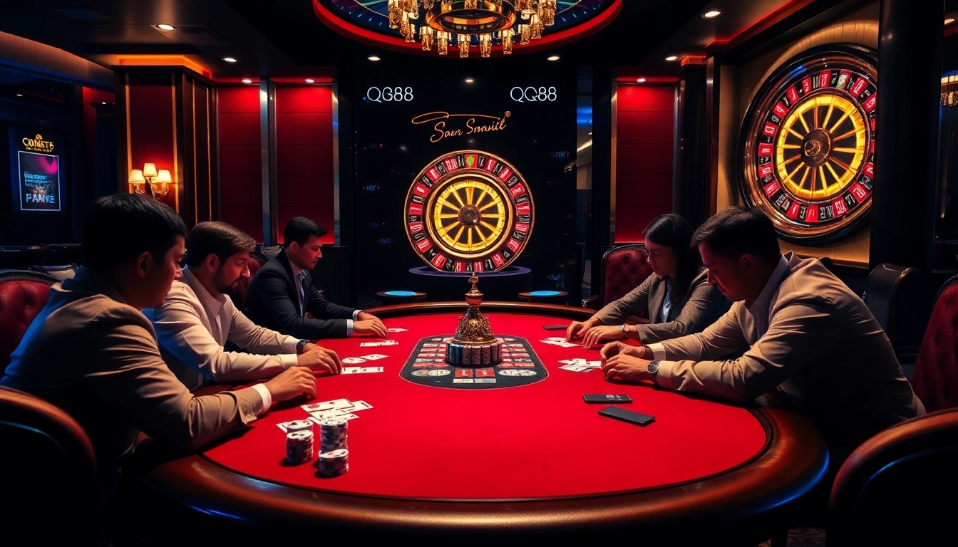 Players enjoying high-stakes poker at QQ88 casino, immersed in a thrilling atmosphere.