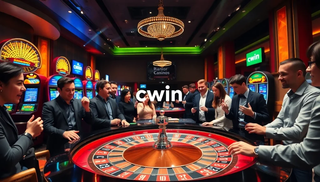 CWIN showcases an exciting casino atmosphere with players at a roulette table and vibrant slot machines.