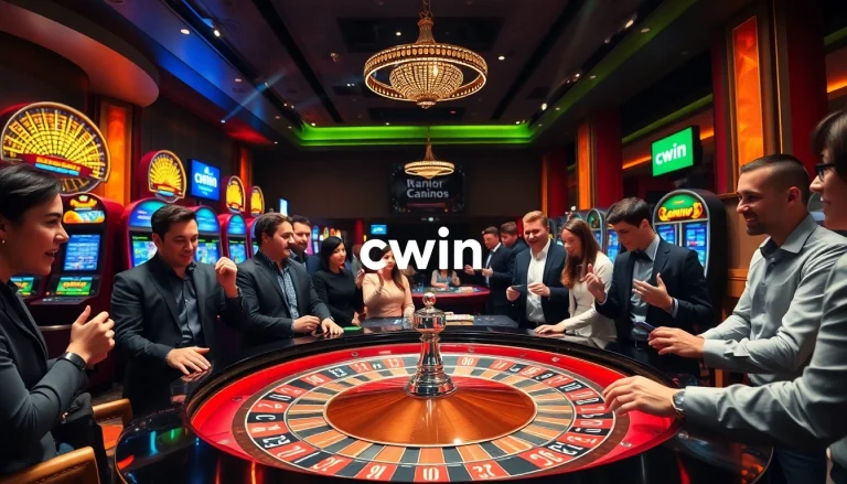CWIN showcases an exciting casino atmosphere with players at a roulette table and vibrant slot machines.