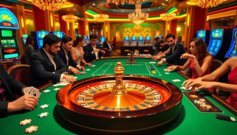 Exciting Okfun casino scene showcasing players at a luxurious roulette table with vibrant gaming elements.