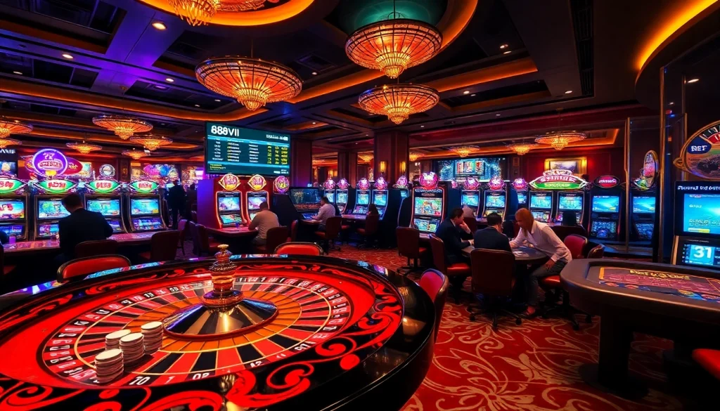 Experience thrilling gameplay at 888VI, featuring a vibrant casino atmosphere with roulette and slots.