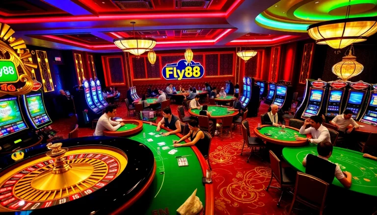 Experience the excitement of Fly88 with vibrant casino elements, including roulette wheels and poker tables.