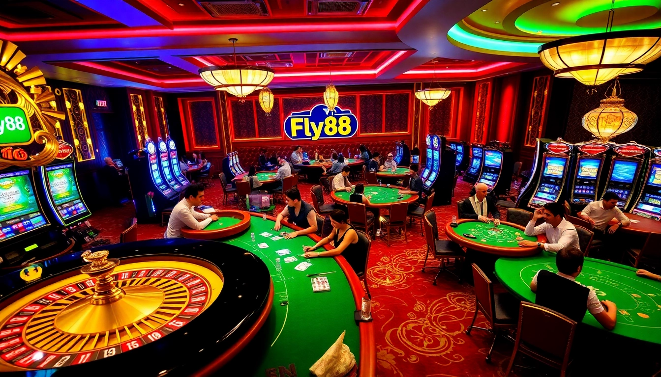 Experience the excitement of Fly88 with vibrant casino elements, including roulette wheels and poker tables.