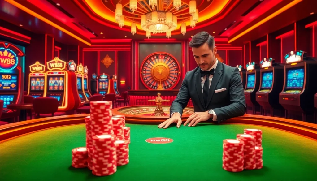 Experience thrilling online poker action at ww88 with an exciting casino setting and vibrant atmosphere.