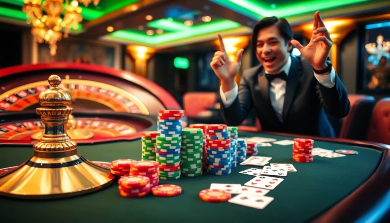 Celebrate wins at https://mg188s.com/ with a vibrant casino gaming scene featuring cards and chips.