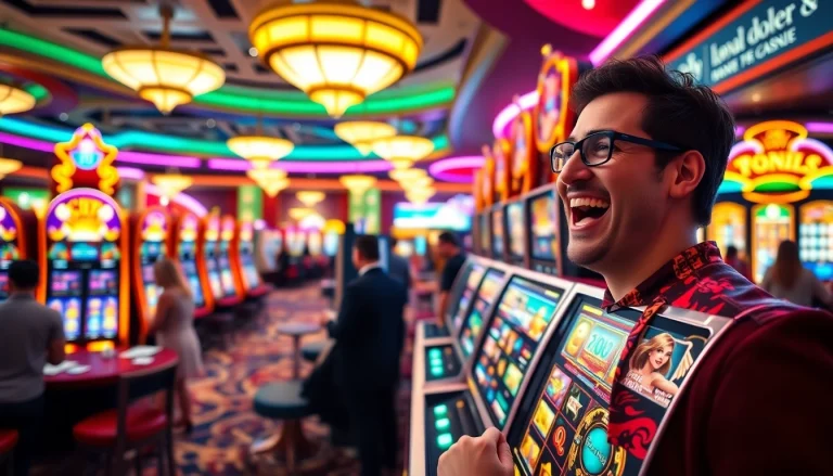 Engaged player at a vibrant 슬롯사이트, enjoying the exciting slot machines at a luxurious casino.