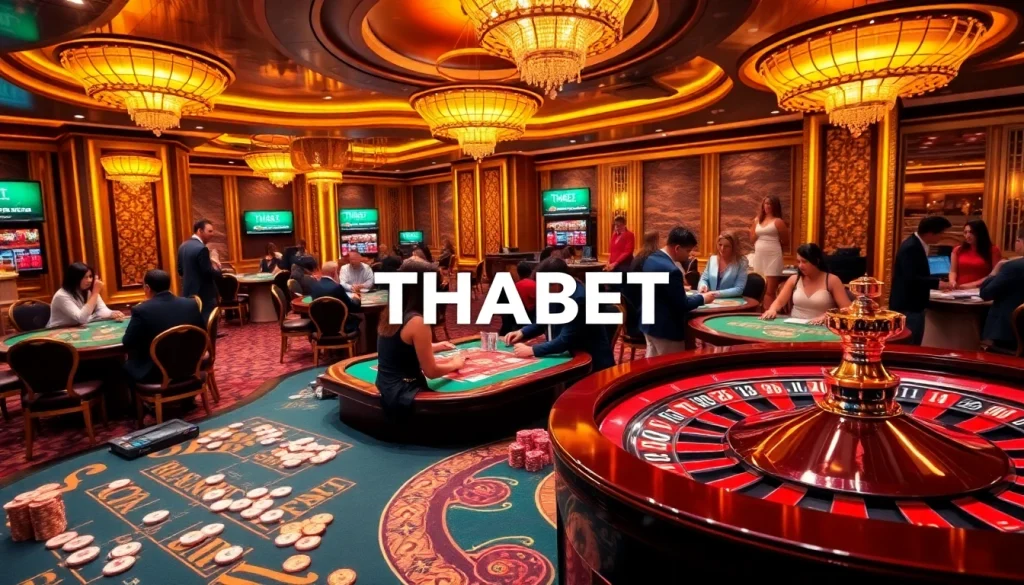 Players enjoying casino games at THABET with poker chips and roulette wheel.