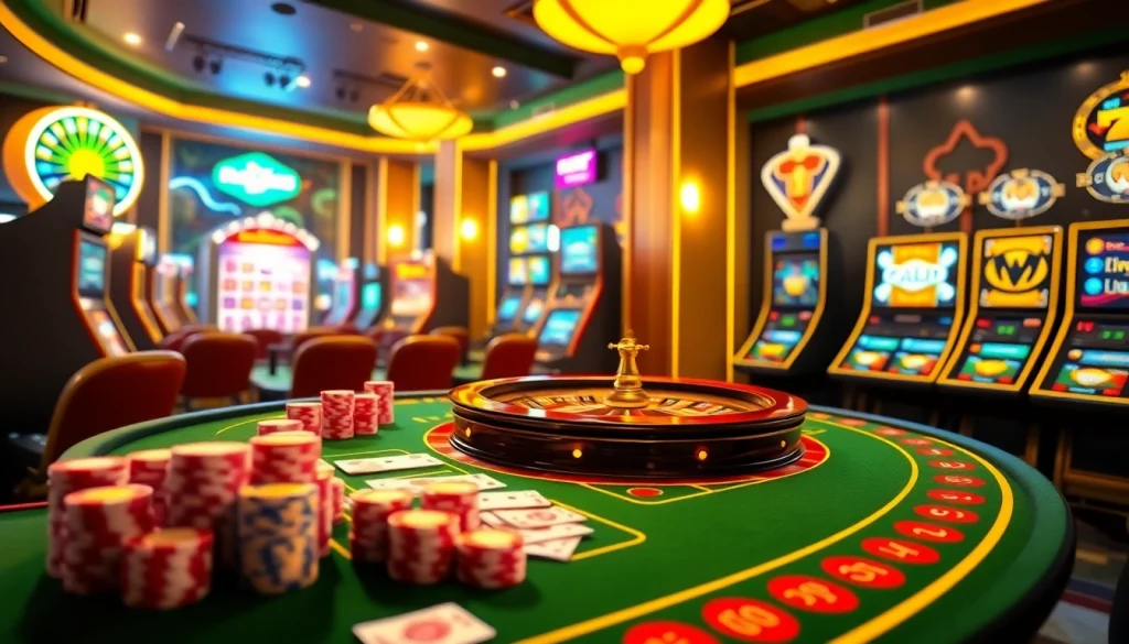 A vibrant casino scene showcasing the excitement of online gambling at https://777gapp.com.br with poker chips and slot machines.