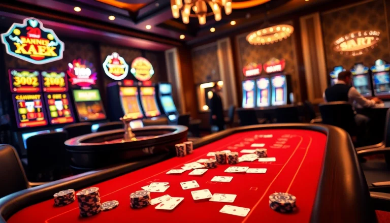 Kubet77 players enjoy an exciting poker game at a luxury casino table with vibrant colors.