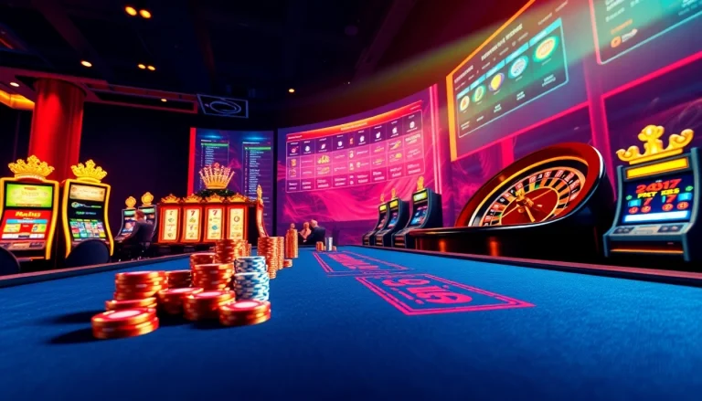 Experience the thrill at https://20betapp.com.br/ with a vibrant casino scene featuring poker chips and slot machines.