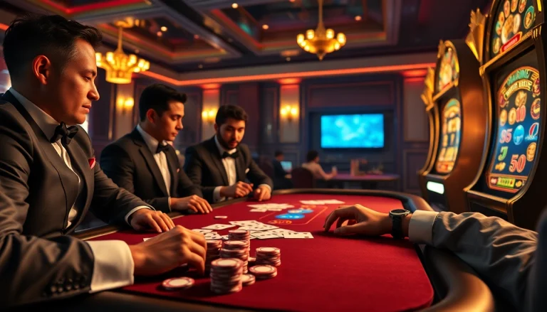 Players enjoying a thrilling poker game at Hello88 casino, showcasing excitement and chance.