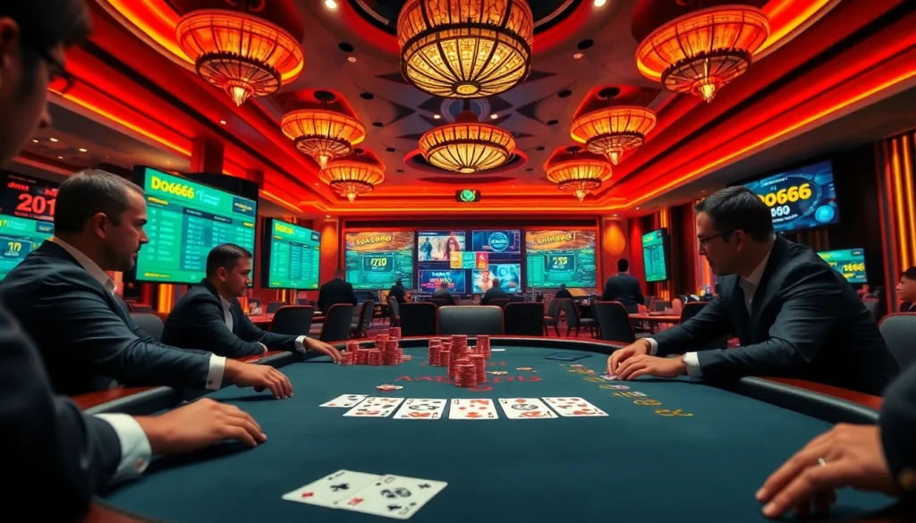 Players immerse in high-stakes poker at Do666, amid vibrant casino excitement.