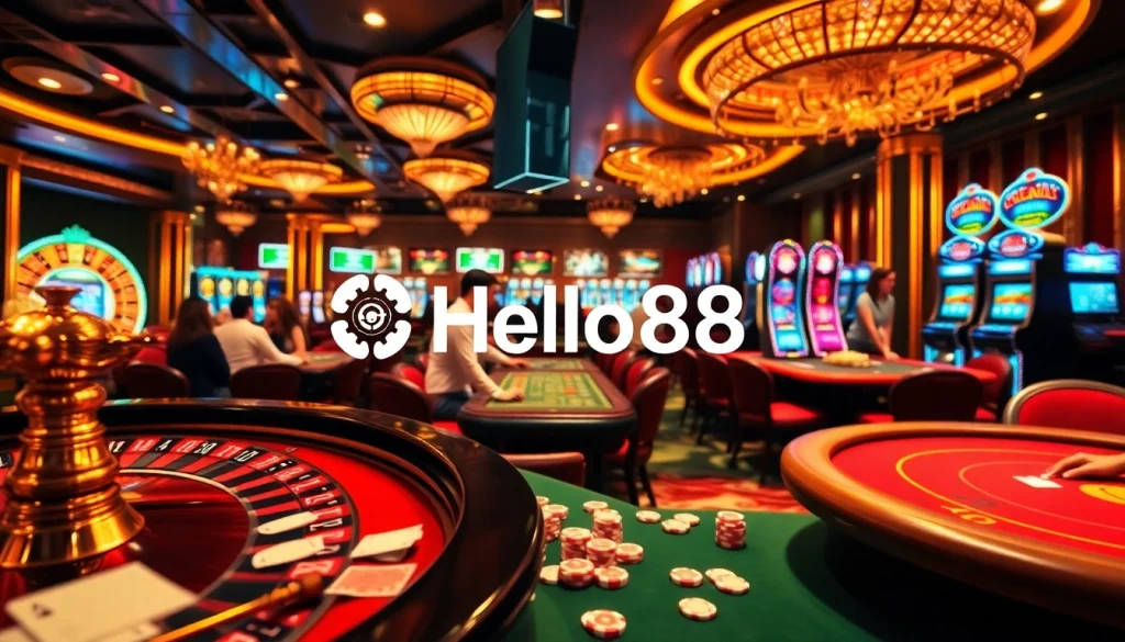 Players enjoying their time at Hello88 casino tables with roulette wheels and poker chips.