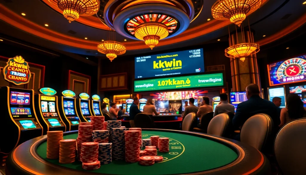 Engage in thrilling gameplay at https://kkwin.co.com/ with vibrant casino visuals featuring poker chips and slot machines.
