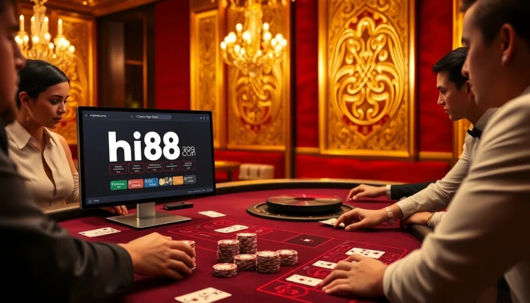 Experience the thrilling Baccarat action at hi88com with players engaged at a luxurious table.