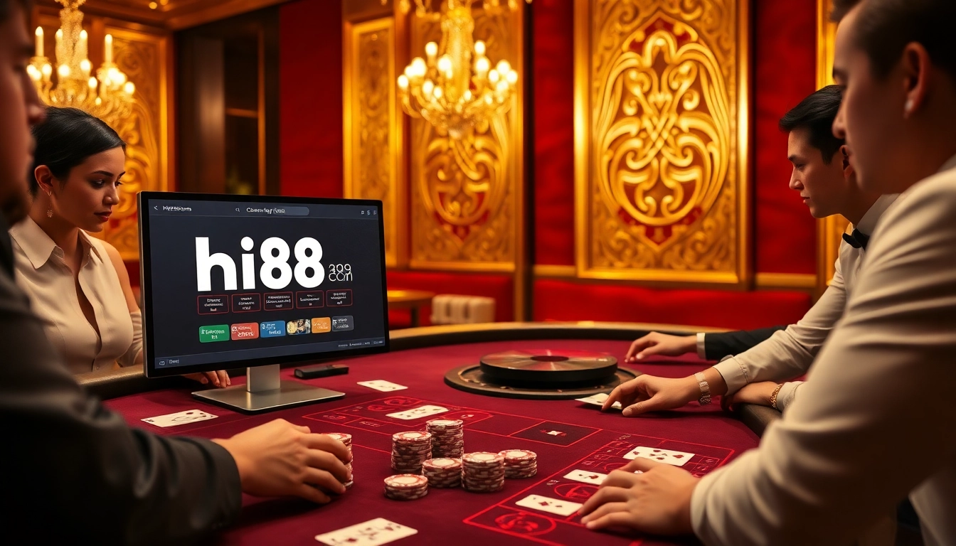Experience the thrilling Baccarat action at hi88com with players engaged at a luxurious table.