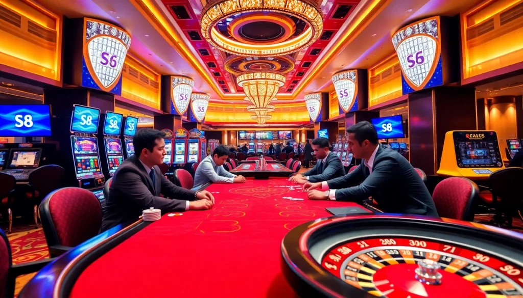 Experience high-stakes gaming action at an S8 casino podium with vibrant poker tables and luxury elements.