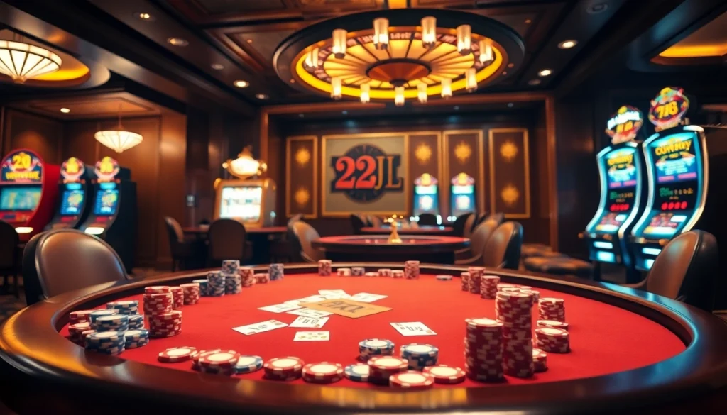 Experience the thrill of gambling at the 22JL casino with poker chips and roulette wheels