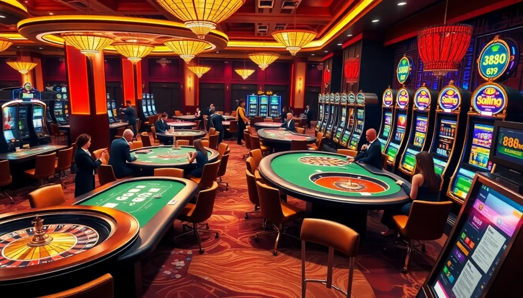 Experience the thrill of 888now with professional dealers and vibrant casino tables in a luxurious setting.