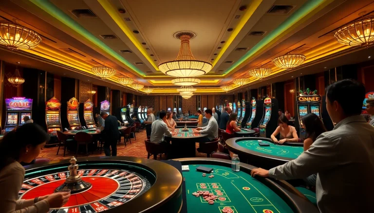 Players enjoying games at the luxurious casino floor of xx88, celebrating wins and engaging with dealers.