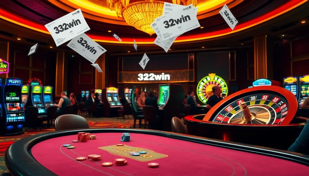 Players strategizing their next moves at a vibrant 32win casino table featuring poker chips and a roulette wheel.