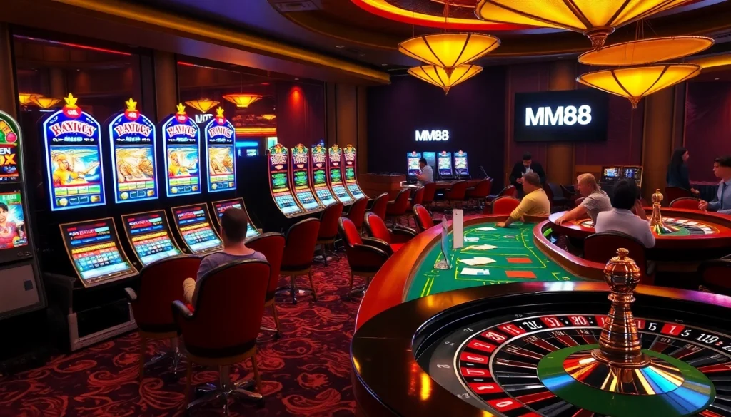 Exciting scene of MM88 COM casino with vibrant slot machines and poker tables filled with action.