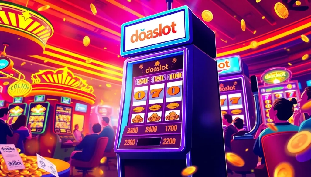 Exciting scene of doaslot slot machine in a lively casino atmosphere with colorful lights and players.