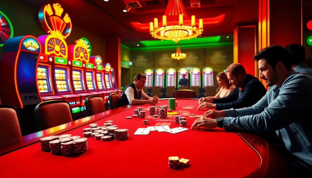 SV388 players enjoying a thrilling online gambling experience at a luxury casino table filled with chips and cards.